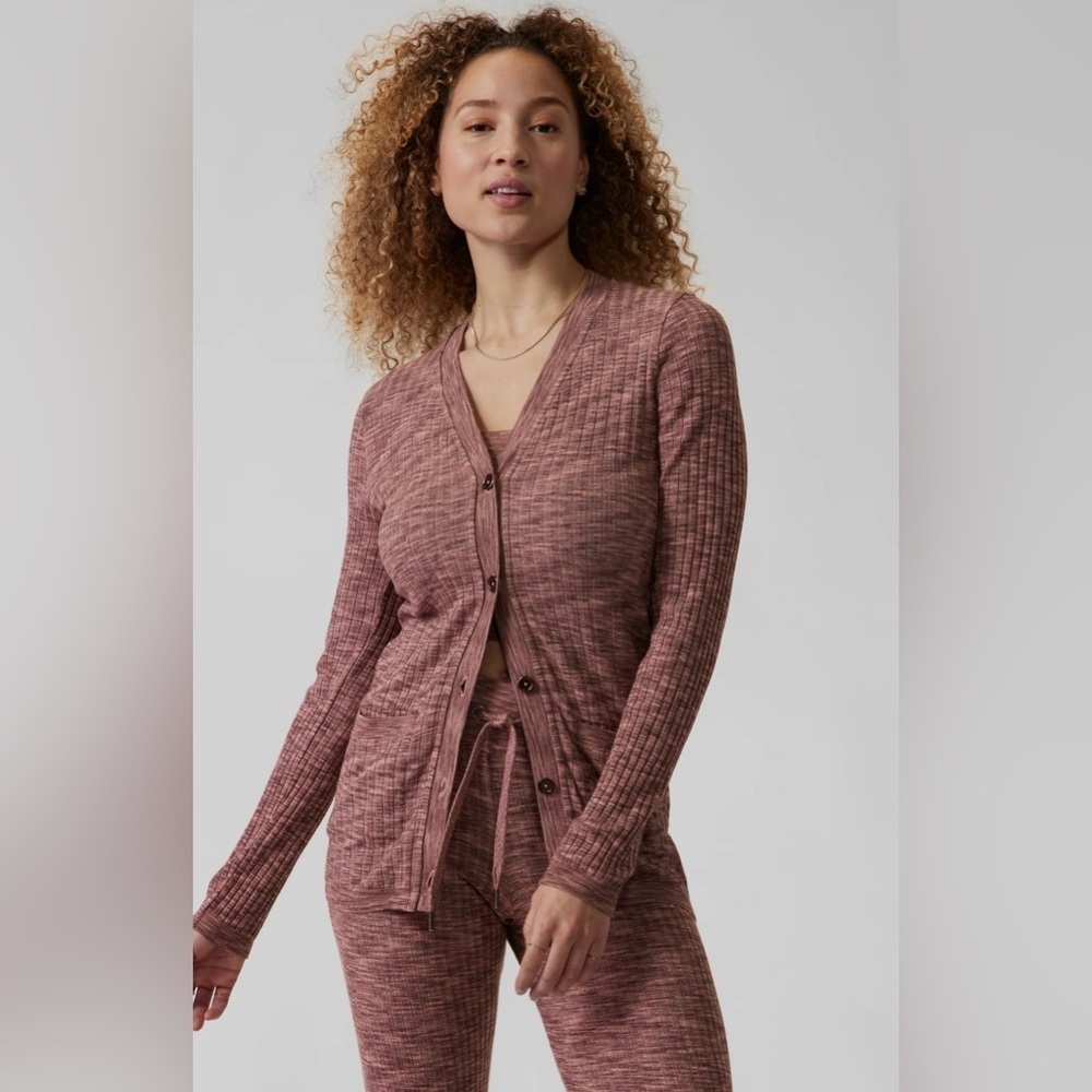Athleta Brown Heather Stretch Long Sleeve Cardigan-Style shirt sz XL